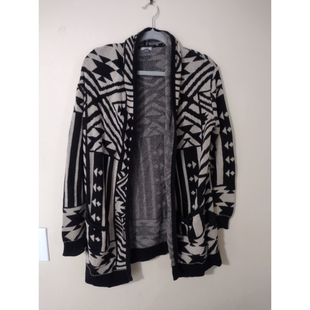 Ecote Womens M Black Cream Geometric Tribal Open Front Cardigan Sweater Pockets‎